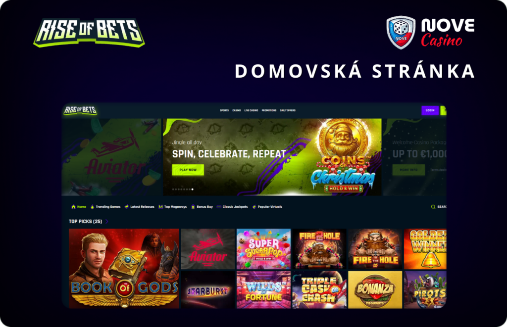 Domovská stránka kasina Rise of Bets.